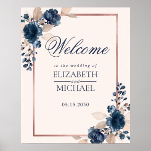 Rose Gold Navy Blue Dusty Pink Floral Welcome Poster