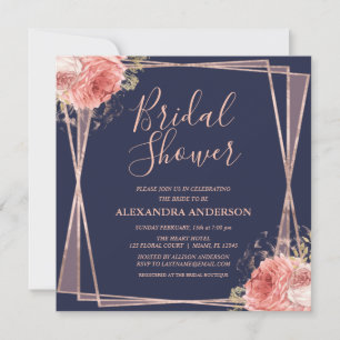 Rose Gold Navy Blue Floral Modern Bridal Shower Invitation