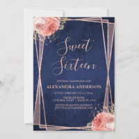 Rose Gold Navy Blue Floral Sweet Sixteen Birthday