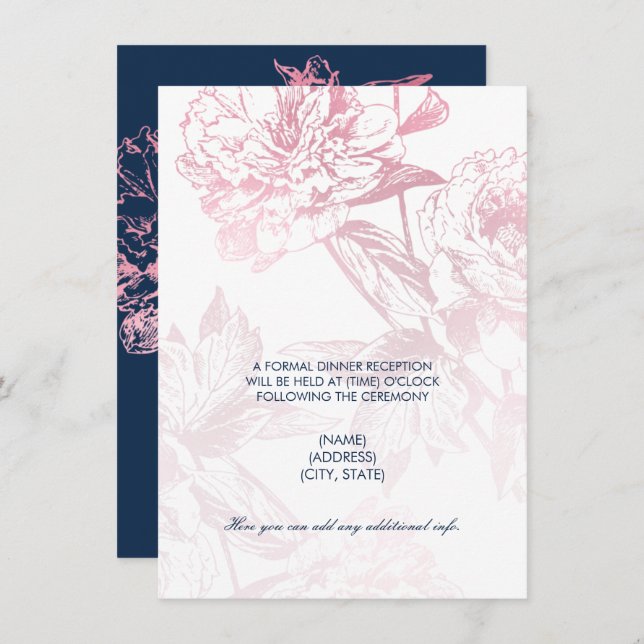 Rose Gold Navy Blue Floral Wedding Reception Only Invitation (Front/Back)