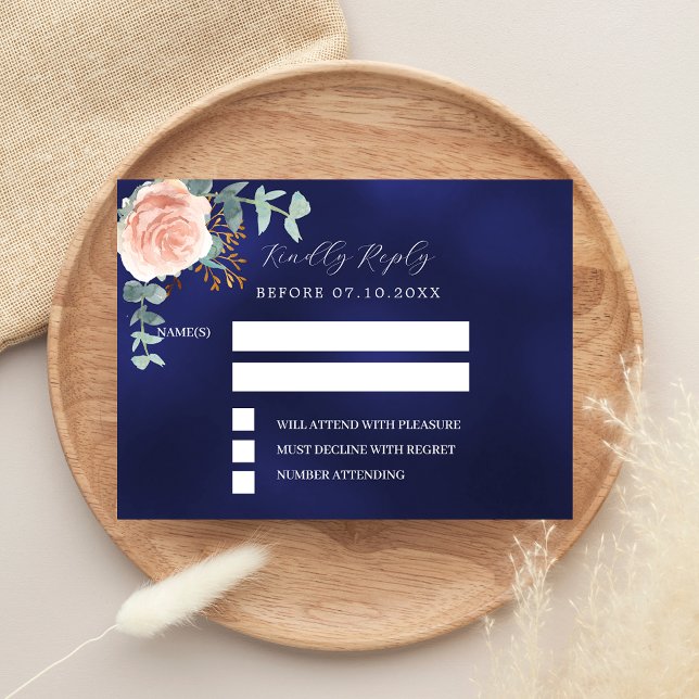 Rose gold navy blue floral wedding response RSVP Card (Creator Uploaded)