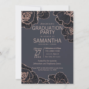 Rose Gold Navy Blue Flowers Graduation Party Invitation