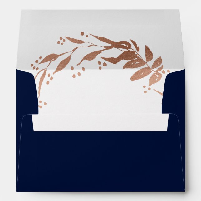 Rose Gold Navy Blue Foliage Wedding Invitation Envelope (Back (Bottom))