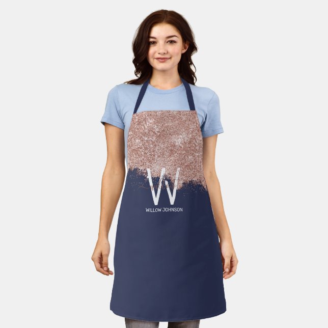 Rose Gold Navy Blue Girly Glitter Dust Monogram Apron (Worn)