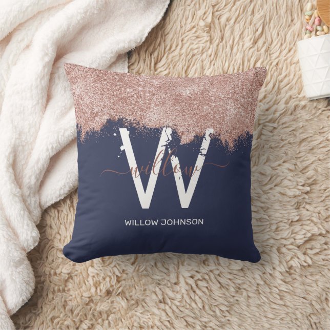Rose Gold Navy Blue Girly Glitter Dust Monogram Cushion (Blanket)