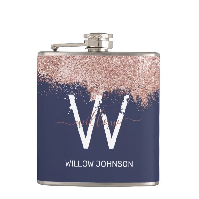 Rose Gold Navy Blue Girly Glitter Dust Monogram Hip Flask (Front)