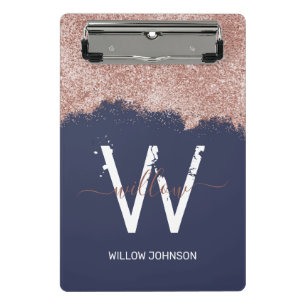 Rose Gold Navy Blue Girly Glitter Dust Monogram Mini Clipboard