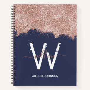 Rose Gold Navy Blue Girly Glitter Dust Monogram Notebook