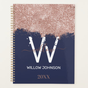 Rose Gold Navy Blue Girly Glitter Dust Monogram Planner