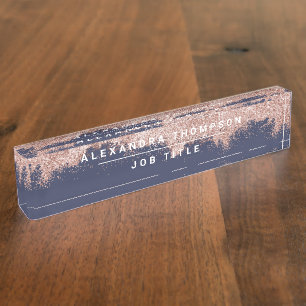 Rose Gold Navy Blue Girly Glitter Dust Nameplate
