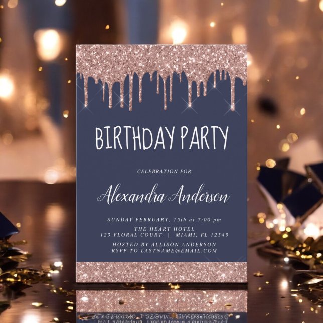 Rose Gold Navy Blue Glitter Any Age Birthday Invitation (Creator Uploaded)