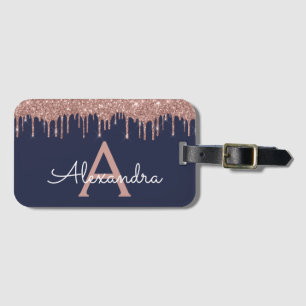 Rose Gold Navy Blue Glitter Sparkle Monogram Luggage Tag