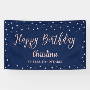 Rose Gold & Navy Blue Happy Birthday Party Banner