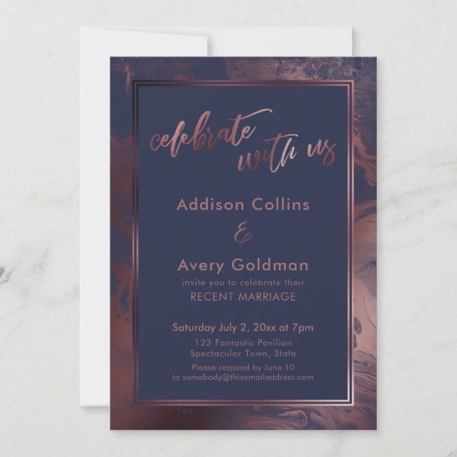 Rose Gold & Navy Blue Marble Celebrate with Us Invitation (Front)