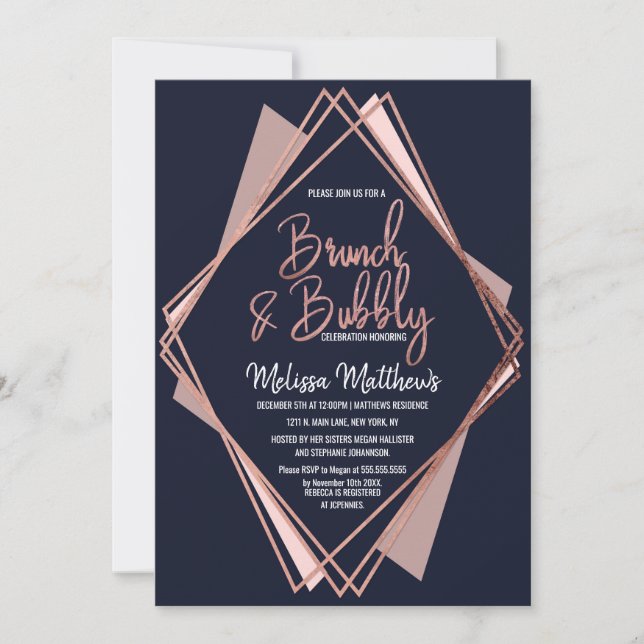 Rose Gold Navy Blue Mauve Geometric Brunch Bubbly Invitation (Front)