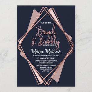 Rose Gold Navy Blue Mauve Geometric Brunch Bubbly Invitation