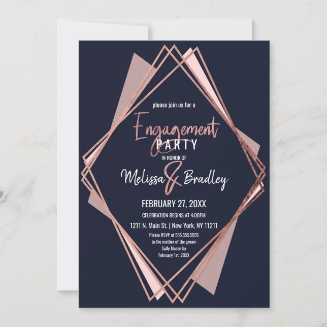 Rose Gold Navy Blue Mauve Geometric Engagement Invitation (Front)
