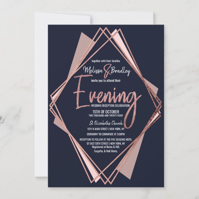 Rose Gold Navy Blue Mauve Geometric Evening Invitation (Front)