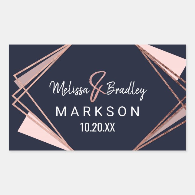 Rose Gold Navy Blue Mauve Geometric Wedding Rectangular Sticker (Front)