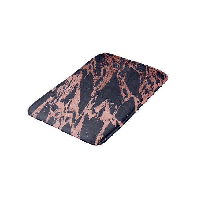 Rose Gold Navy Blue Modern Chic Marble Pattern Bath Mat (Angled)