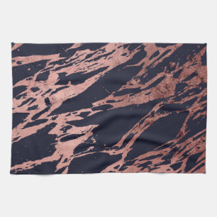 Rose Gold Navy Blue Modern Chic Marble Pattern Tea Towel