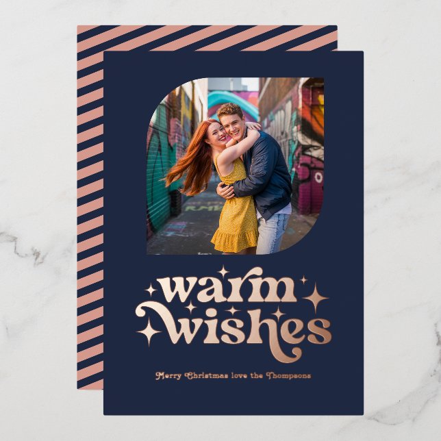 Rose Gold & Navy Blue Modern Retro Christmas Photo Foil Holiday Card (Front/Back)