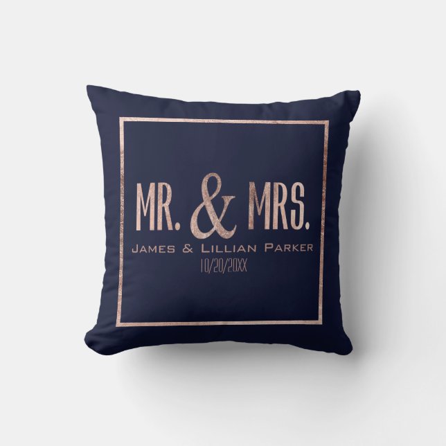 Rose Gold Navy Blue Mr. and Mrs. Monogram Wedding Cushion (Front)