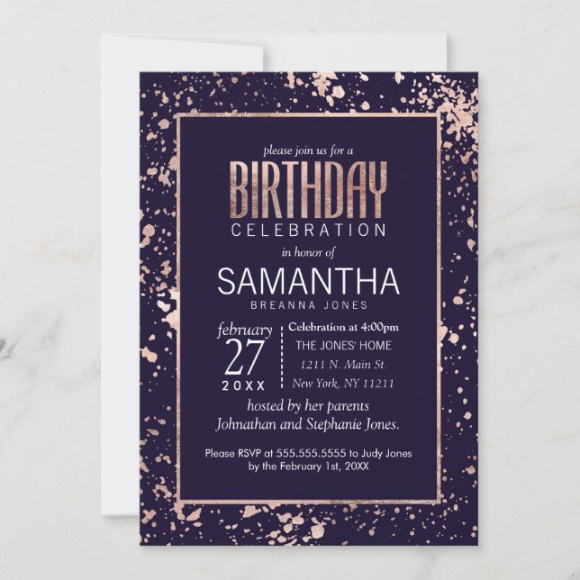 Rose Gold Navy Blue Paint Splatters Birthday Party Invitation (Front)
