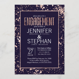Rose Gold Navy Blue Paint Splatters Engagement Invitation