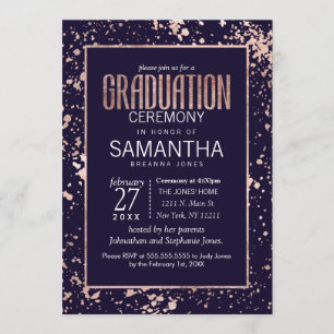 Rose Gold Navy Blue Paint Splatters Graduation Invitation