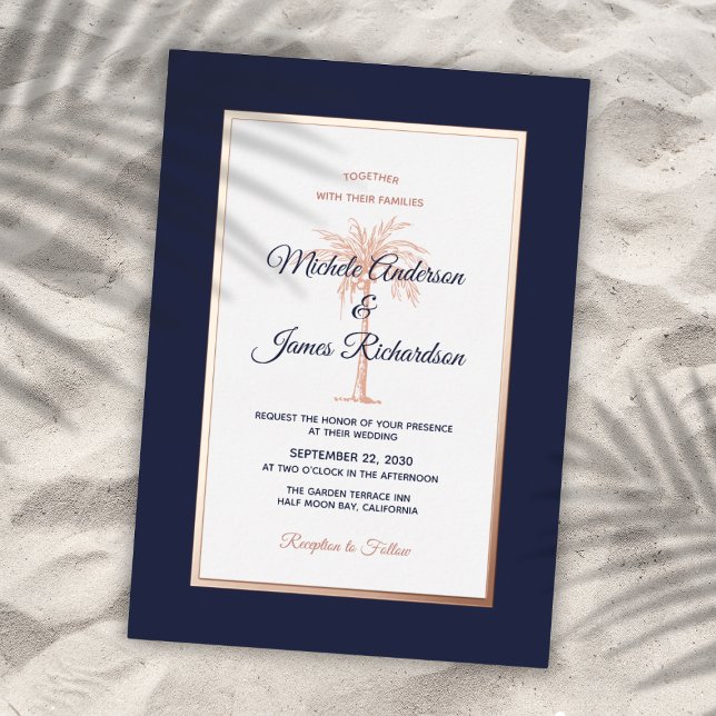 Rose Gold Navy Blue Palm Tree Tropical Wedding (Rose Gold Navy Blue Palm Tree Tropical Wedding Foil Invitation)