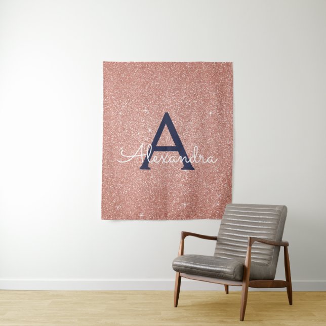 Rose Gold Navy Blue Sparkle Glitter Monogram Tapestry (In Situ)