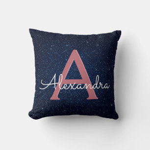 Rose Gold & Navy Blue Sparkle Glitter Monogrammed Cushion