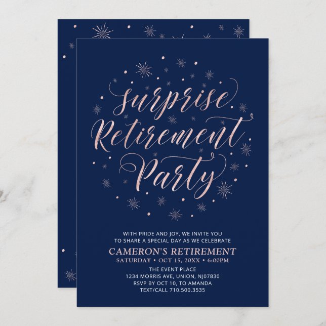 Rose gold & Navy Blue | Surprise Retirement Party Invitation (Front/Back)