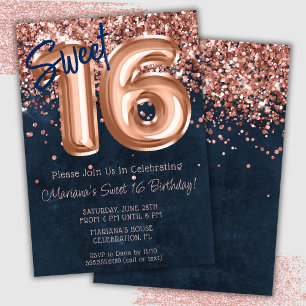 Rose Gold Navy Blue Sweet 16 Birthday Party Invitation