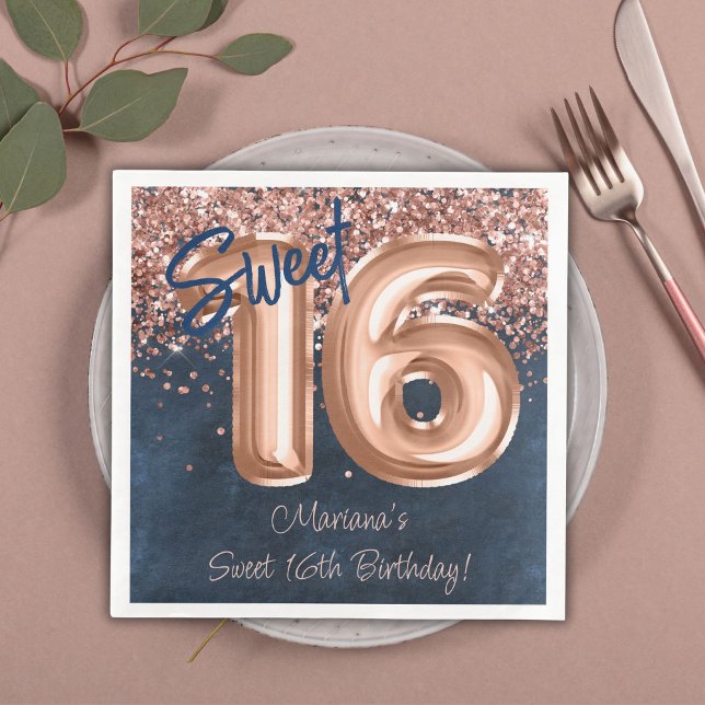  Rose Gold Navy Blue Sweet 16th Birthday Party Napkin (Creator Uploaded)
