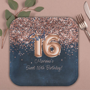 Rose Gold Navy Blue Sweet 16th Birthday Party Paper Plate