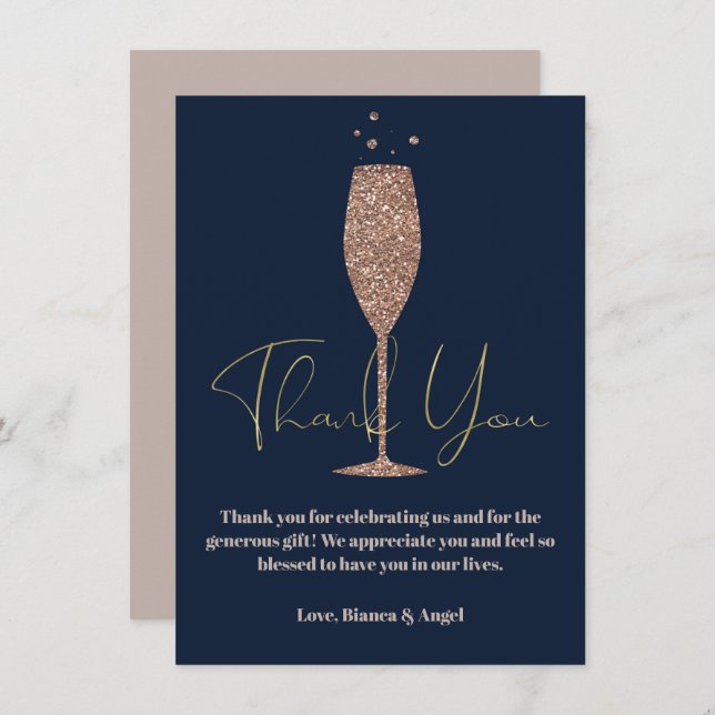 Rose Gold Navy Champagne Bubbly Bridal Thank You Invitation (Front/Back)