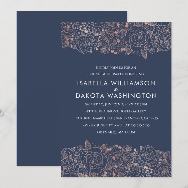 Rose Gold & Navy | Chic Floral Engagement Party Invitation (Front/Back)