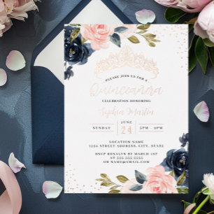 Rose Gold Navy Floral Quinceanera  Foil Invitation