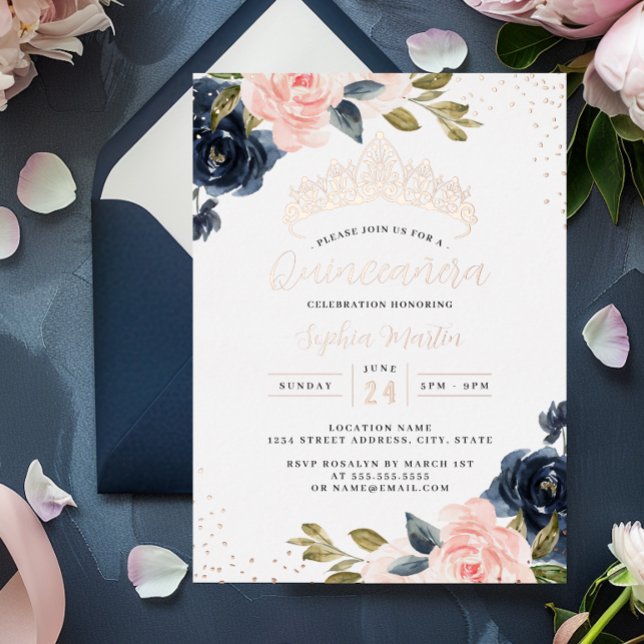Rose Gold Navy Floral Quinceanera  Foil Invitation (Creator Uploaded)