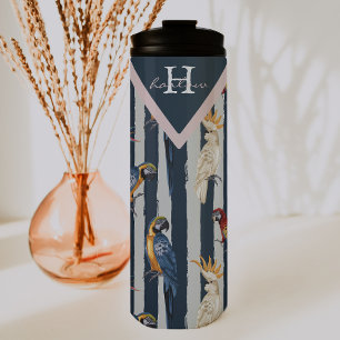 Rose Gold & Navy Geometric Tropical Birds Monogram Thermal Tumbler