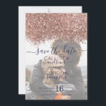 Rose Gold Navy Glitter Confetti Photo Wedding Save The Date<br><div class="desc">The elegant, glamourous, and modern photo wedding save the date card is perfect for the contemporary and stylish engaged couple. It features a faux printed rose gold sparkly glitter confetti speckled colour block on top of a simple dark navy blue background. The back displays the same glitter but a thicker...</div>