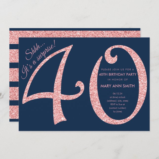Rose Gold Navy Glitter Surprise 40th Birthday Invitation (Front/Back)