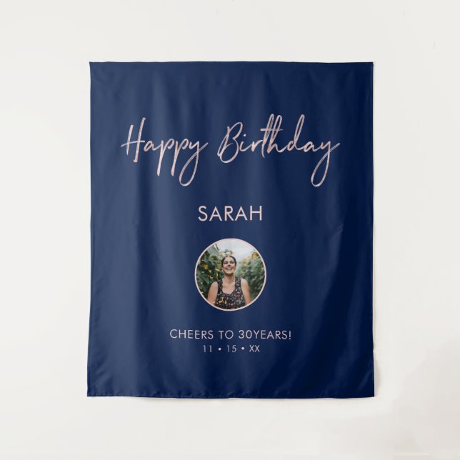 Rose gold & Navy Happy Birthday Photo Backdrop Tapestry (Front)