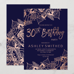 Rose gold navy mandala typography 30th birthday invitation