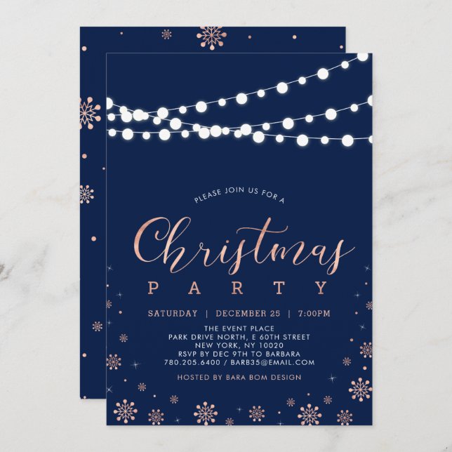 Rose Gold & Navy | Modern Chic Christmas Party Invitation (Front/Back)