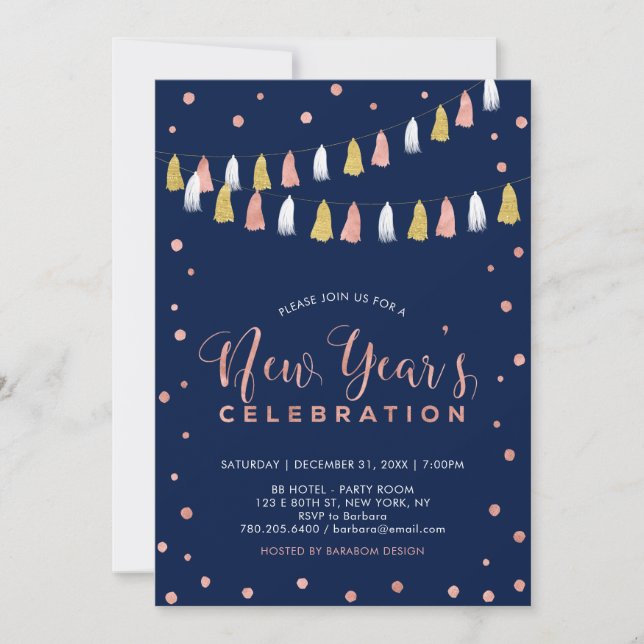 Rose Gold & Navy | Modern New Years Eve Party Invitation (Front)