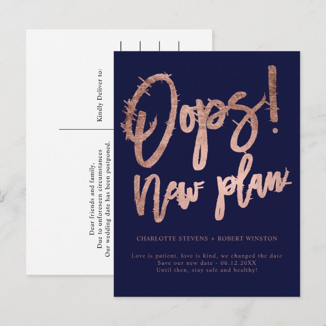 Rose gold navy new plan wedding change the date announcement postcard (Front/Back)