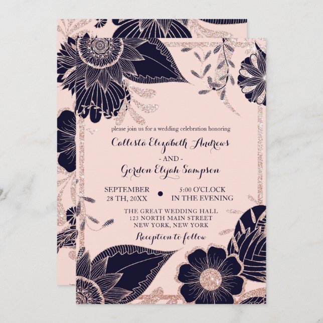 Rose Gold Navy Pink Floral Glitter Border Wedding Invitation (Front/Back)